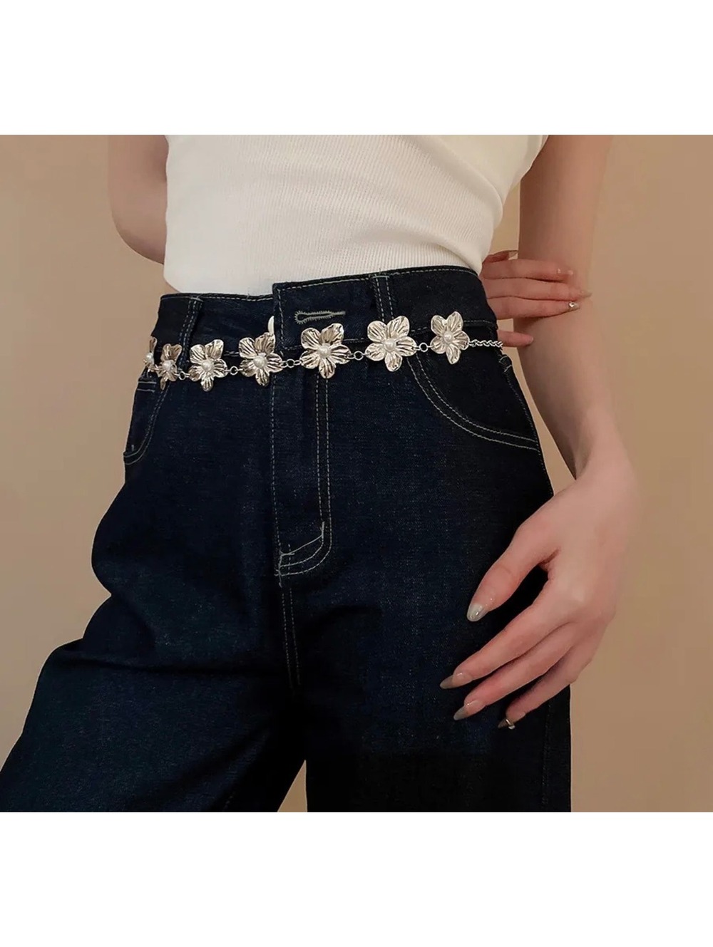Silver and Pearl Flower Belly Chain Belt